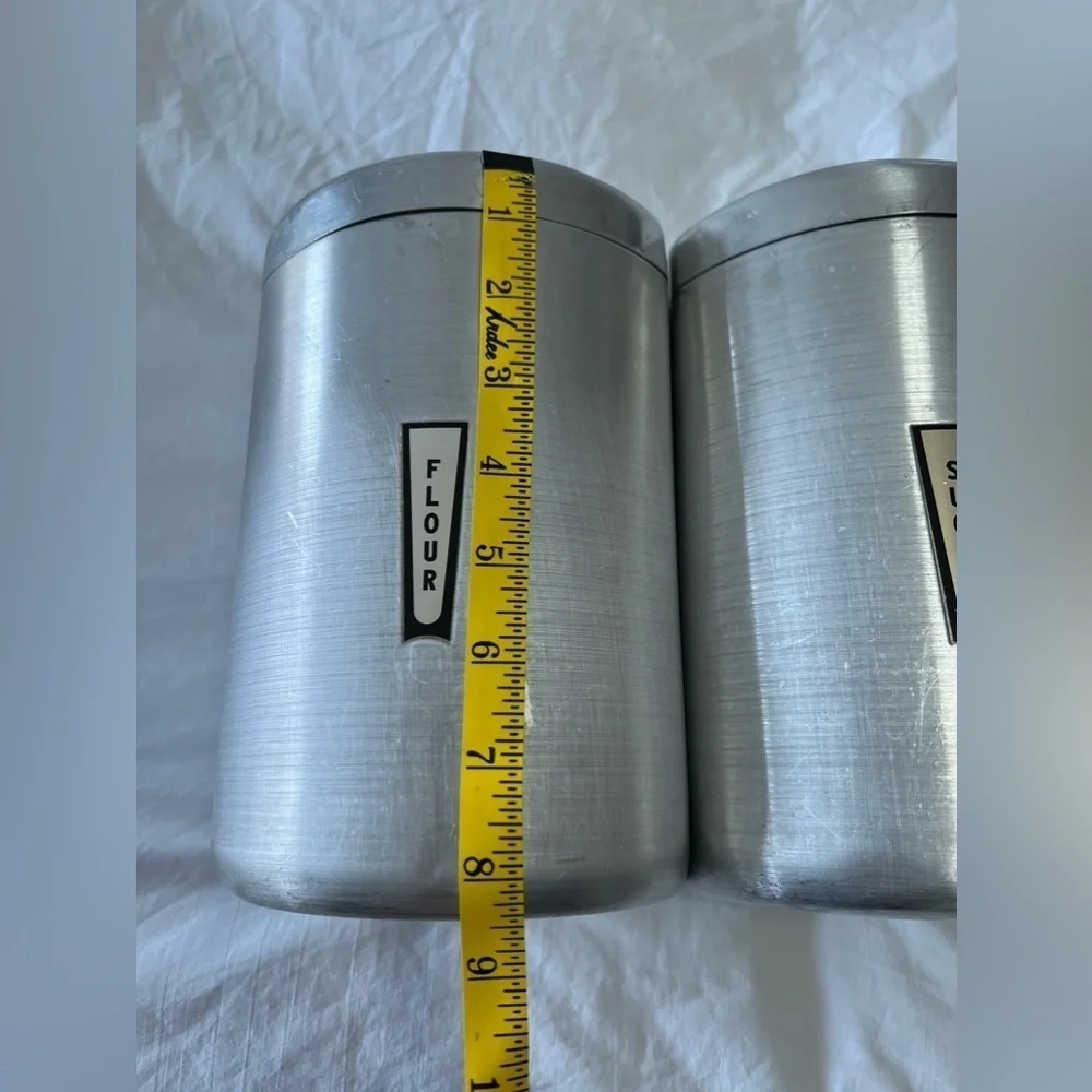 Vintage 1950s MCM Kitchen Aluminum Canisters Lids | Flour And Sugar - Picture 7 of 12